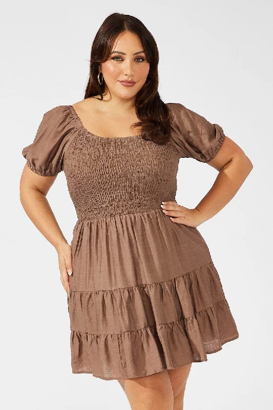 Mini dresses with button - down frontsBrown Mini Dress Shirred Bodice Puff Sleeve Tiered Hem Mini dresses with button - down frontsBrown Mini Dress Shirred Bodice Puff Sleeve Tiered Hem