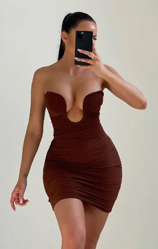 Chocolate Strapless Ruched Plunge Bodycon Mini Dress - Ampika