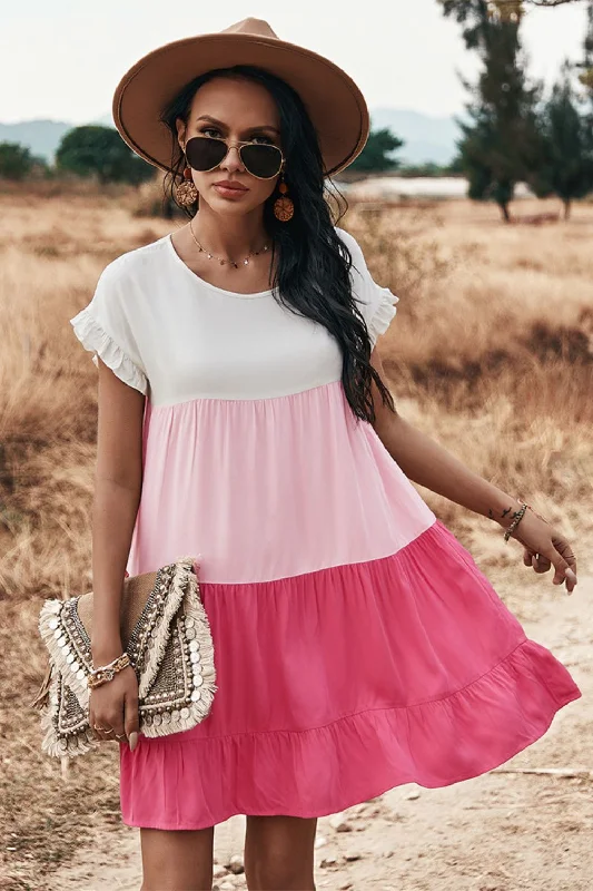 Mini dresses with keyhole necklinesColor Block Round Neck Tiered Dress