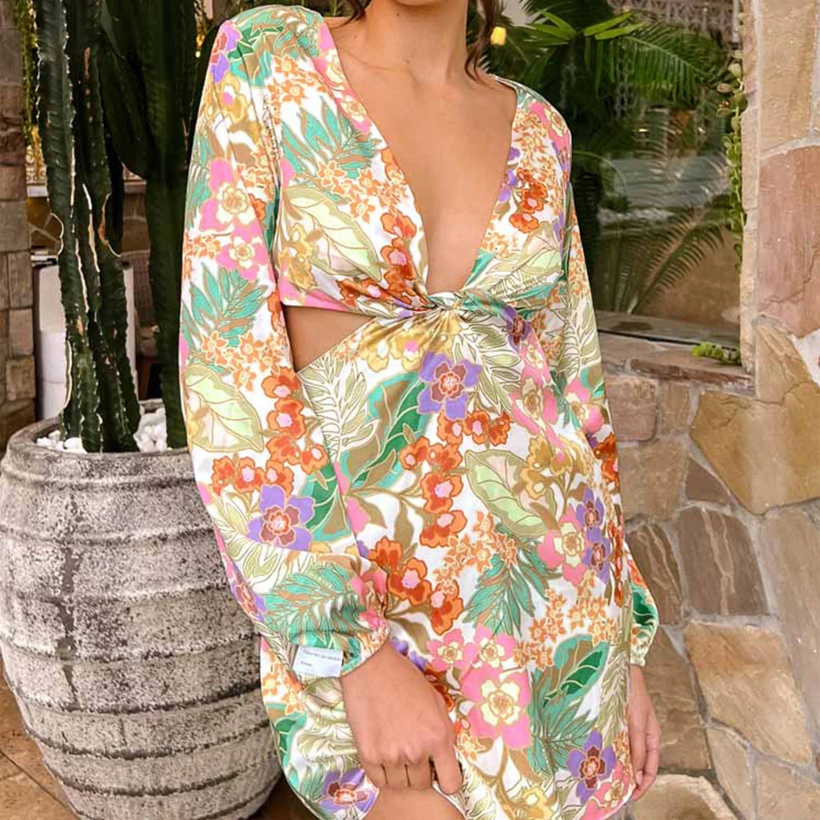 Mini dresses with pom - pom trims for a playful feelVintage Floral Print V-Neck Twist Front Long Sleeve Spring Fall Backless Mini Dress Mini dresses with pom - pom trims for a playful feelVintage Floral Print V-Neck Twist Front Long Sleeve Spring Fall Backless Mini Dress