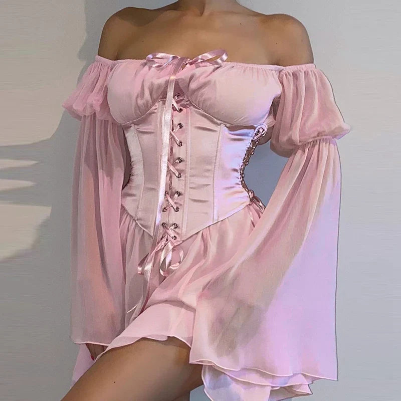 Mini dresses with off - the - shoulder stylesPuff Sleeve Off Shoulder Lace Up Swing Ruffle Mesh Party Body Shaper Bustier Corset Mini Dress Mini dresses with off - the - shoulder stylesPuff Sleeve Off Shoulder Lace Up Swing Ruffle Mesh Party Body Shaper Bustier Corset Mini Dress