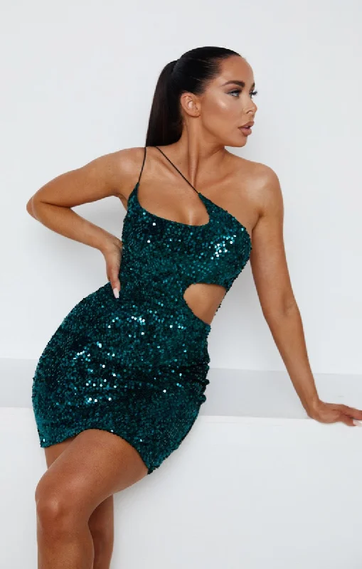 Emerald Sequin One Shoulder Cut Out Bodycon Mini Dress - Iris