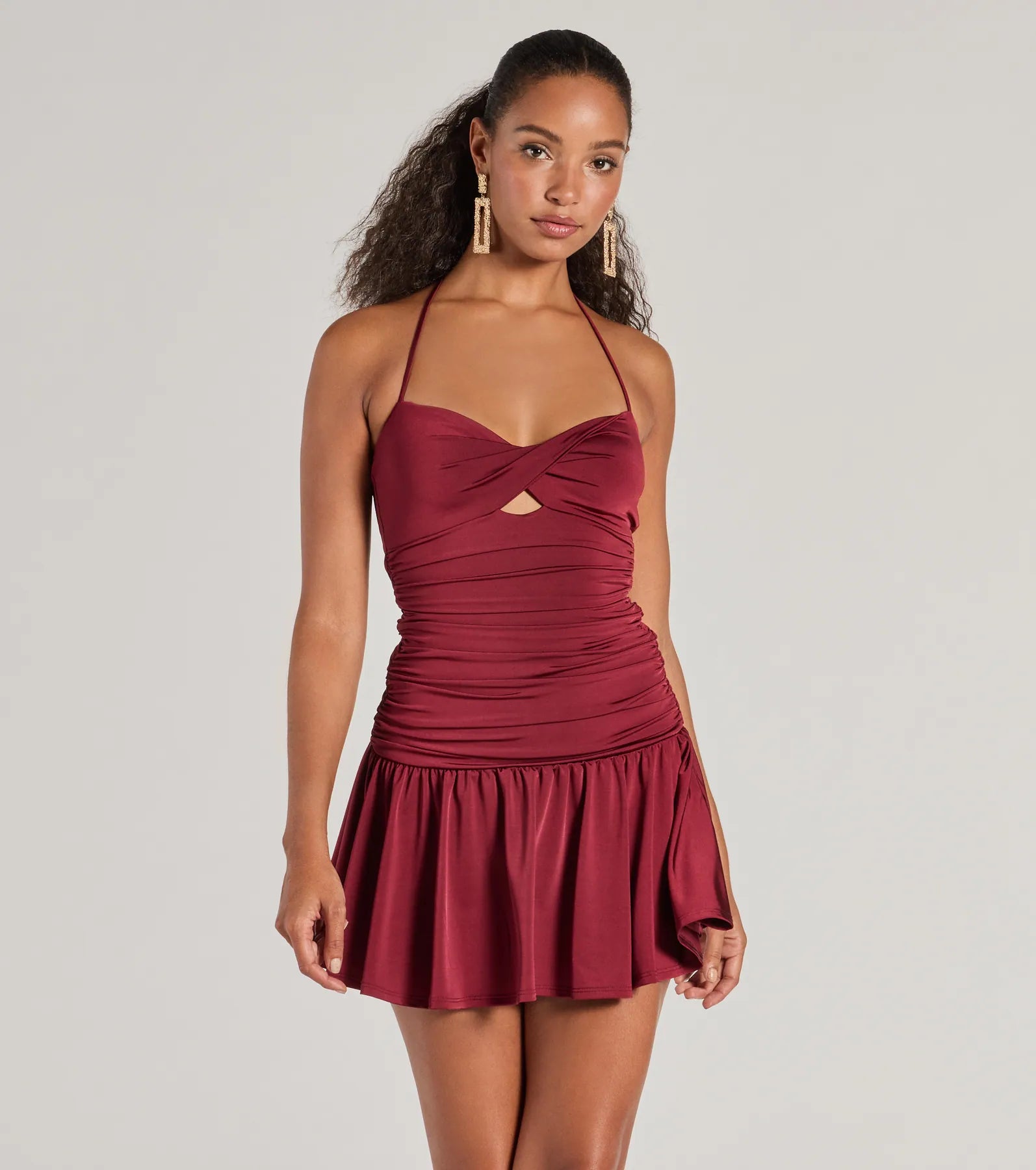 Mini dresses with high - low hems for a modern twistFlirty Flair Ruched Drop Waist Skater Dress Mini dresses with high - low hems for a modern twistFlirty Flair Ruched Drop Waist Skater Dress