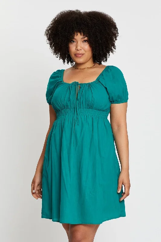 Denim mini dresses with distressed detailsGreen Short Capped Sleeve Mini Dress