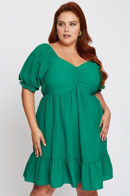 Green Short Puff Sleeve Gather Frill Hem Dress