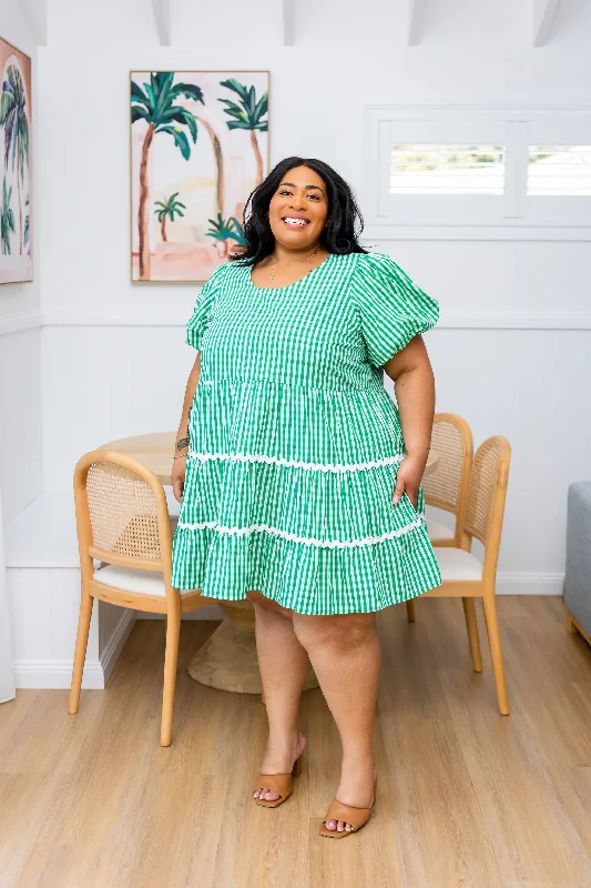 Greta Party Dress in Gingham Green