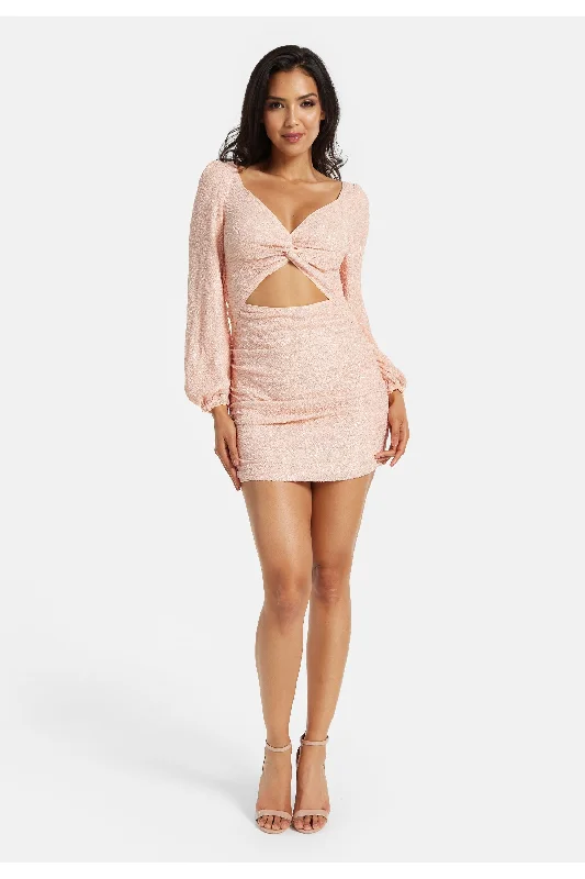 Liquorish Pink Sequin Long Sleeve Cut Out Mini Dress