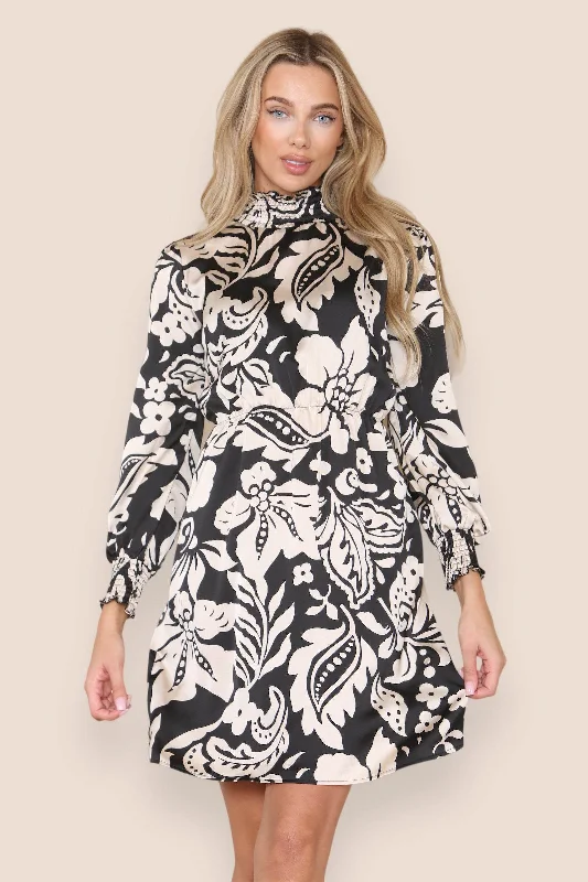 Mini dresses with geometric prints for a modern aestheticLOVE SUNSHINE Mono Floral Print Satin Shirred Waist High Neck Shift Mini Dress Mini dresses with geometric prints for a modern aestheticLOVE SUNSHINE Mono Floral Print Satin Shirred Waist High Neck Shift Mini Dress
