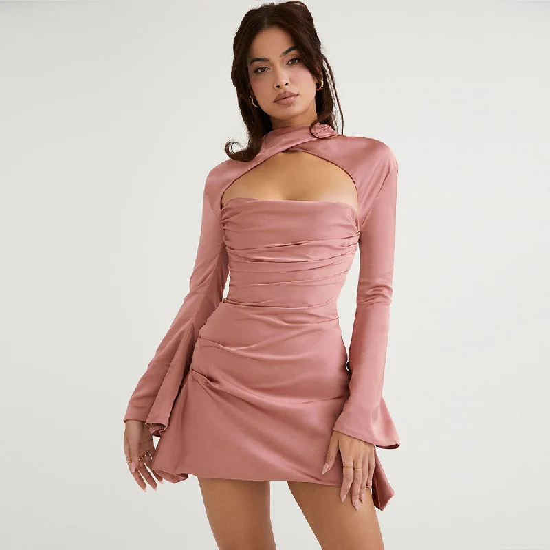 Mini dresses with ribbed textures for a unique appearanceLong Sleeve Draped Satin Mini Dress - Pink Mini dresses with ribbed textures for a unique appearanceLong Sleeve Draped Satin Mini Dress - Pink