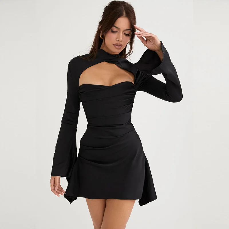 Denim mini dresses with distressed detailsLong Sleeve Draped Satin Mini Dress - Black Denim mini dresses with distressed detailsLong Sleeve Draped Satin Mini Dress - Black