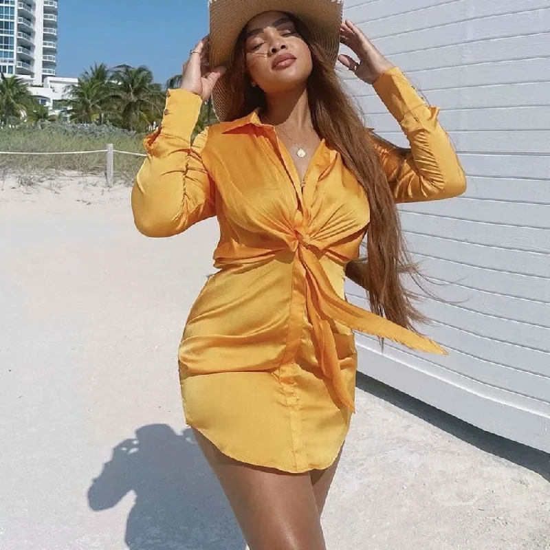 Mini dresses with empire waists for a flattering fitV Neck Knotted Long Sleeve Satin Shirt Mini Dress - Gold Mini dresses with empire waists for a flattering fitV Neck Knotted Long Sleeve Satin Shirt Mini Dress - Gold