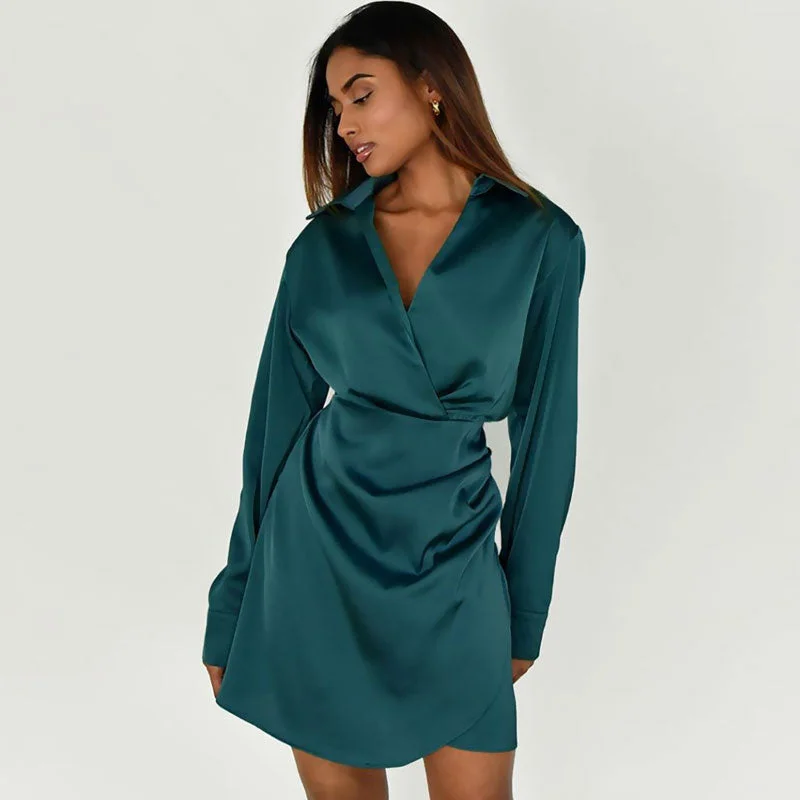 Mini dresses with pocket details for added functionalityV Neck Long Sleeve Shirt Mini Dress - Teal Green