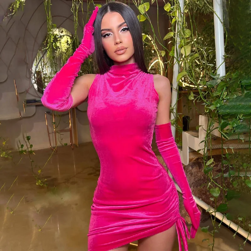 Mini dresses with off - the - shoulder stylesHigh Neck Ruched Bodycon Party Mini Dress - Hot Pink Mini dresses with off - the - shoulder stylesHigh Neck Ruched Bodycon Party Mini Dress - Hot Pink