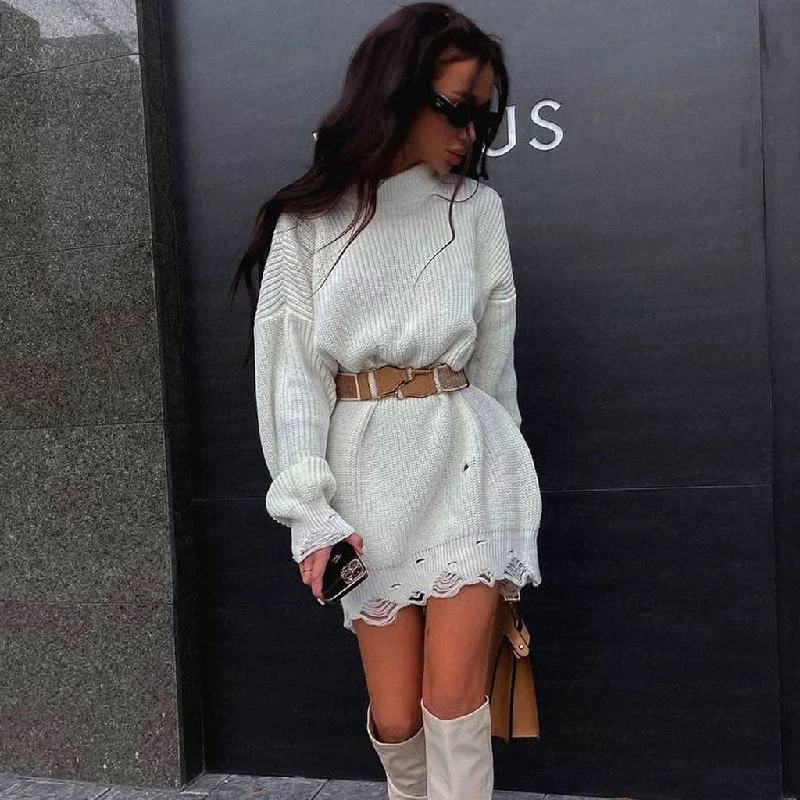 Mini dresses with criss - cross backs for a flirty lookDistressed Trim Pullover Sweater Mini Dress - White Mini dresses with criss - cross backs for a flirty lookDistressed Trim Pullover Sweater Mini Dress - White