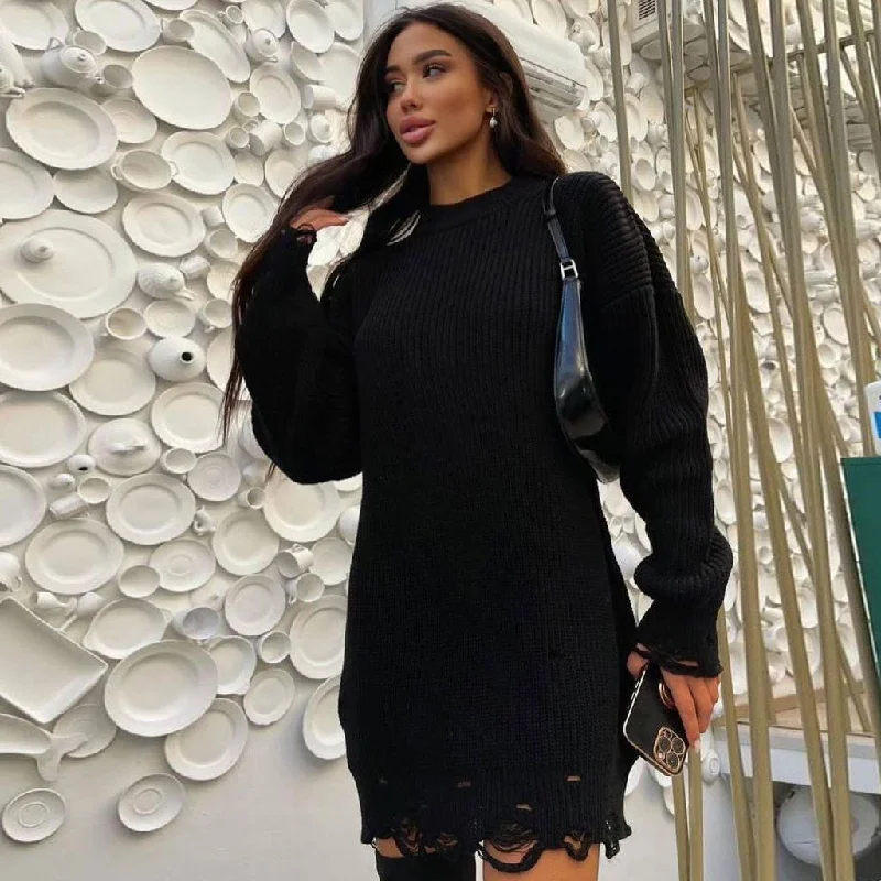 Mini dresses with puff sleeves for a vintage lookDistressed Trim Pullover Sweater Mini Dress - Black Mini dresses with puff sleeves for a vintage lookDistressed Trim Pullover Sweater Mini Dress - Black