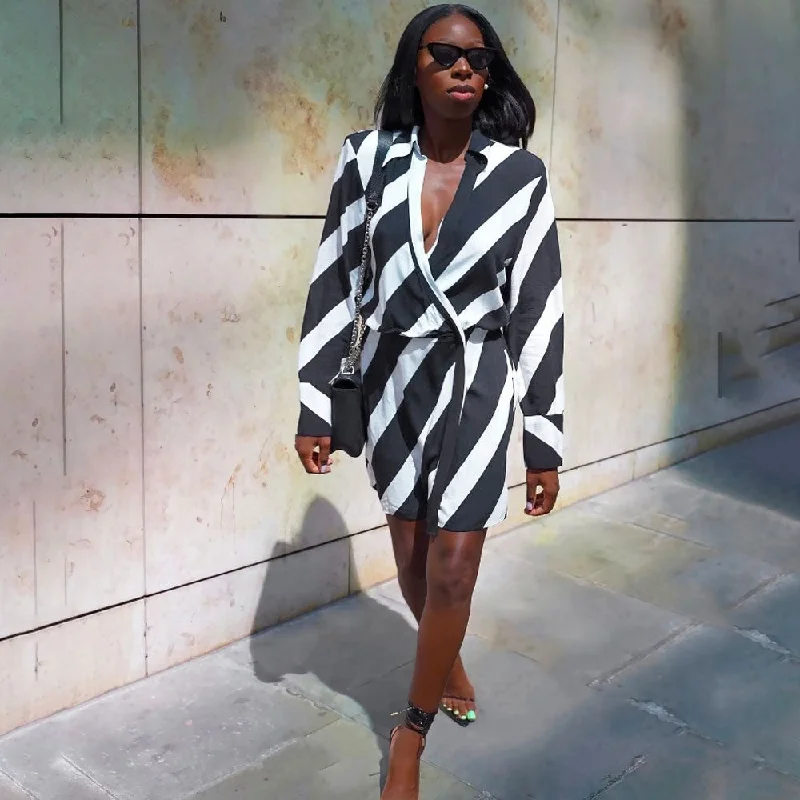 Polyester mini dresses for easy careDiagonal Stripe Print Shoulder Pad Deep V Wrap Mini Dress - Black Polyester mini dresses for easy careDiagonal Stripe Print Shoulder Pad Deep V Wrap Mini Dress - Black