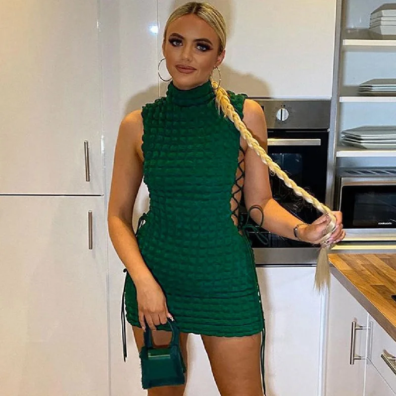Mini dresses with cut - out details for a trendy lookCheck Effect Mock Neck Lace Up Cutout Club Mini Dress - Emerald Green Mini dresses with cut - out details for a trendy lookCheck Effect Mock Neck Lace Up Cutout Club Mini Dress - Emerald Green