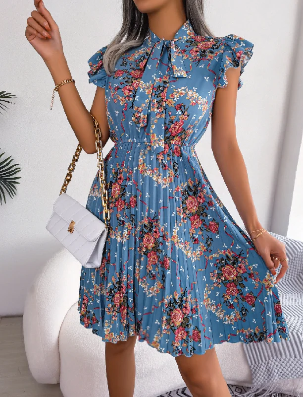 Mini dresses with button - down frontsPleated Floral Printed Tie Neck Knee Length Short Sleeve Dress Mini dresses with button - down frontsPleated Floral Printed Tie Neck Knee Length Short Sleeve Dress
