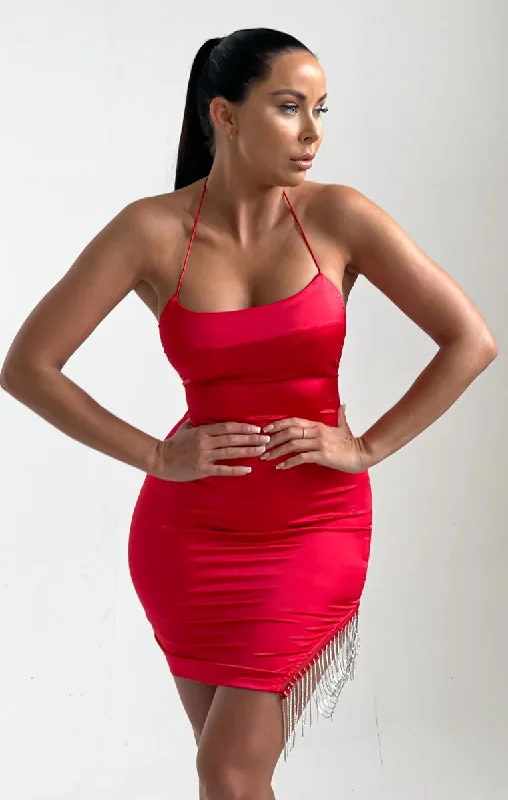 Mini dresses with side slits for a sexy appealRed Diamante Tassel Split Satin Mini Dress - Bia