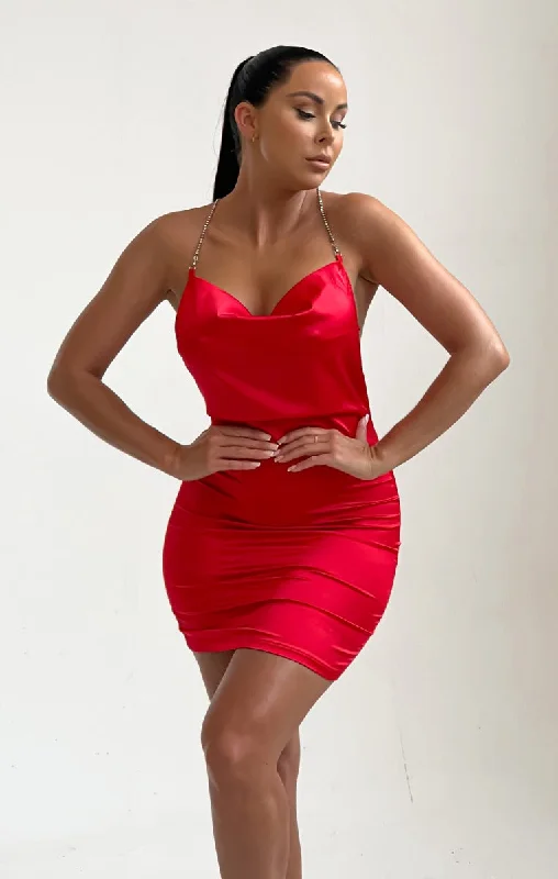 Mini dresses with cut - out details for a trendy lookRed Satin Cross Over Back Diamante Mini Dress - Eva