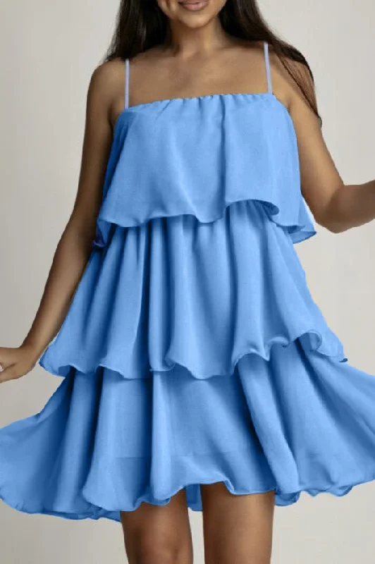 Mini dresses with belted waists for a defined silhouetteVianna Powder Blue Chiffon Print Tiered Dress