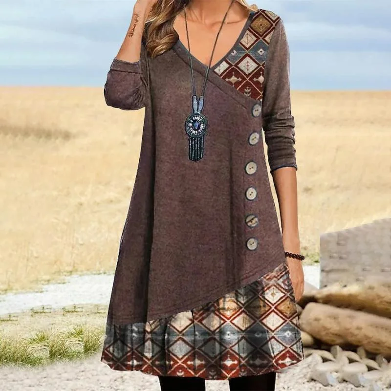 Mini dresses with V - necklines for a flattering shapeVintage Geometric Patchwork Dress