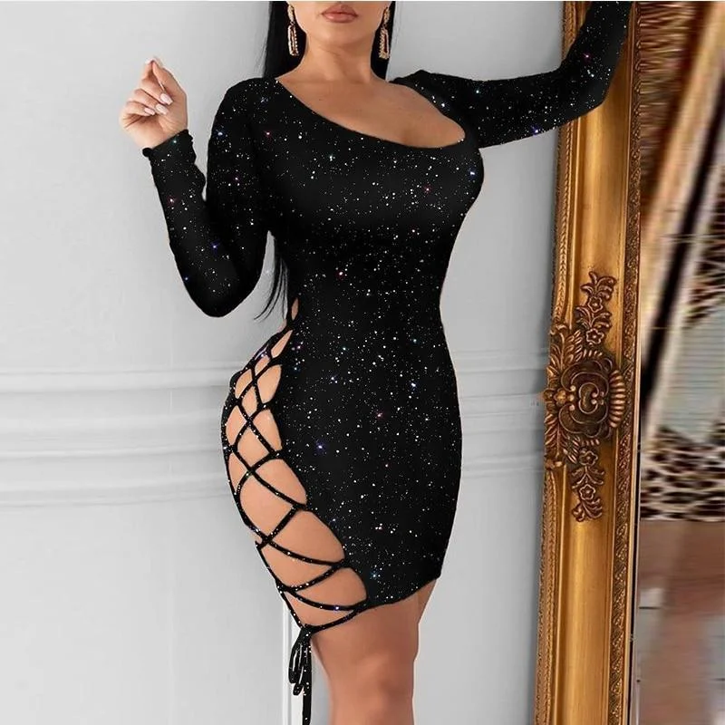 FashionSierra - Women Glitter Lace-Up Dress Long Sleeve Backless Sexy Night Out Club Party Dress Bodycon Stretchy Mini Dresses Vestidos