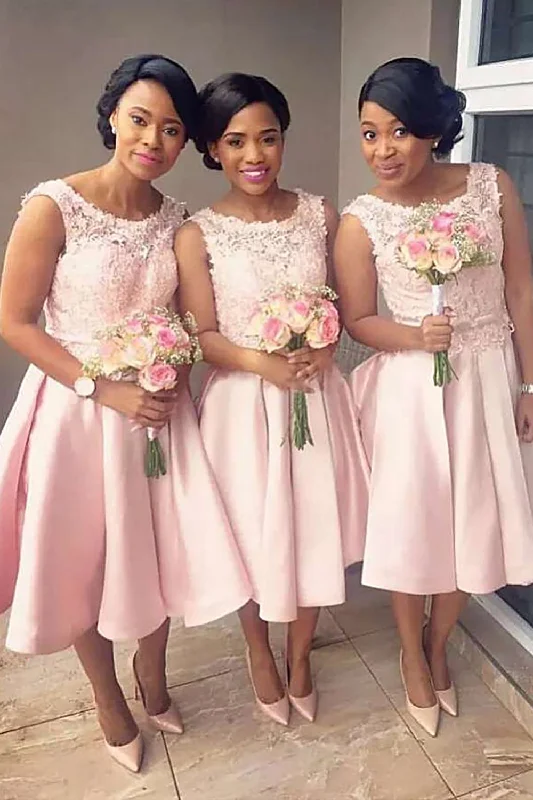 Mini wedding guest dresses with glittery accents for a trendy lookA-Line Boat Neck Light Pink Bridesmaid Dress with Lace Mini wedding guest dresses with glittery accents for a trendy lookA-Line Boat Neck Light Pink Bridesmaid Dress with Lace