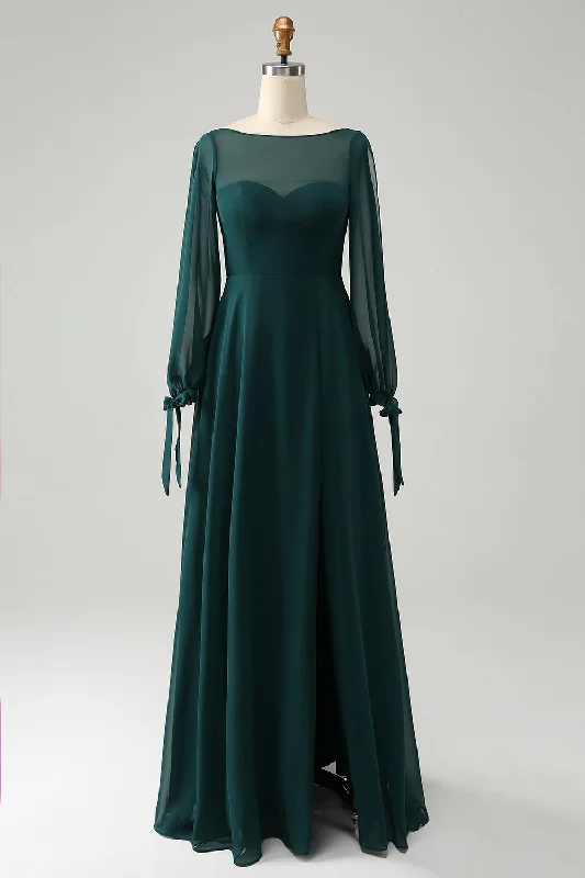 Animal - print wedding guest dresses in subtle colors for a bold statementA Line Dark Green Bateau Neck Chiffon Bridesmaid Dress with Slit Animal - print wedding guest dresses in subtle colors for a bold statementA Line Dark Green Bateau Neck Chiffon Bridesmaid Dress with Slit