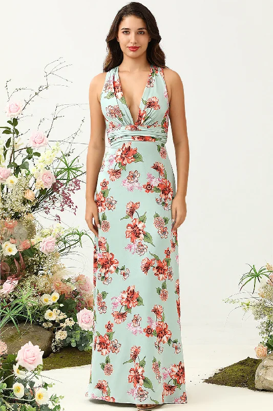 A - line cocktail wedding guest dresses in pastel colorsA Line Deep V Neck Green Printed Long Bridesmaid Dress A - line cocktail wedding guest dresses in pastel colorsA Line Deep V Neck Green Printed Long Bridesmaid Dress