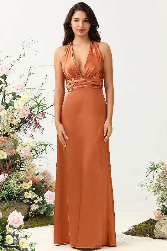 Wrap - style wedding guest dresses with bow accentsA Line Halter Neck Copper Long Bridesmaid Dress with Criss Cross Back Wrap - style wedding guest dresses with bow accentsA Line Halter Neck Copper Long Bridesmaid Dress with Criss Cross Back