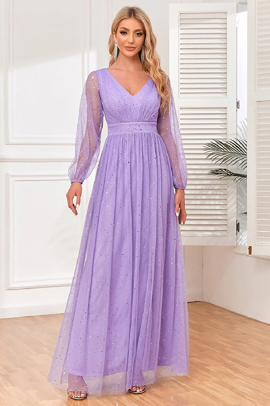 A-Line Long Sleeves Lilac Formal Dress with Slit