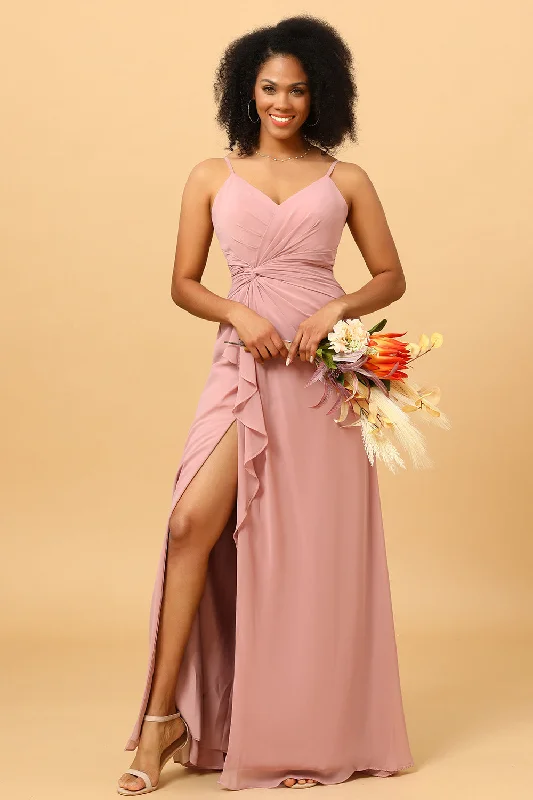 Geometric - printed wedding guest dresses for a modern weddingA Line Spaghetti Straps Blush Long Bridesmaid Dress with Split Front Geometric - printed wedding guest dresses for a modern weddingA Line Spaghetti Straps Blush Long Bridesmaid Dress with Split Front