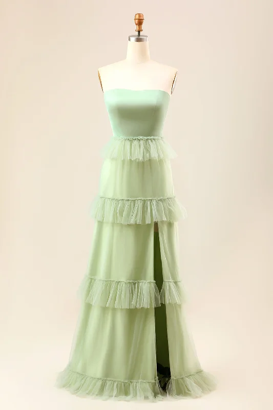 Midi wedding guest dresses in navy blue for a formal affairA-Line Strapless Matcha Tiered Long Bridesmaid Dress with Ruffles Midi wedding guest dresses in navy blue for a formal affairA-Line Strapless Matcha Tiered Long Bridesmaid Dress with Ruffles