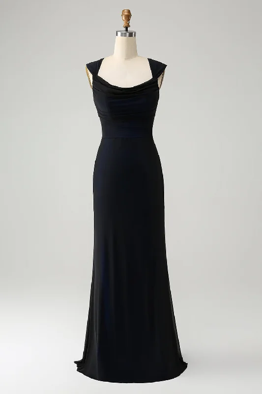 A - line cocktail wedding guest dresses in pastel colorsBlack Blue Mermaid Cowl Neck Long Bridesmaid Dress