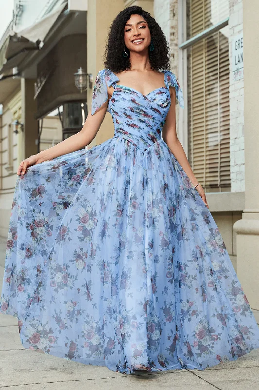 Blue A-Line Printed Adjustable Straps Long Prom Dress