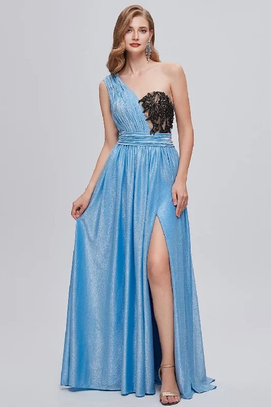Cocktail dresses with a mesh panel and a high - neck designBlue One Shoulder Ruched Long Prom Dress with Appliques Cocktail dresses with a mesh panel and a high - neck designBlue One Shoulder Ruched Long Prom Dress with Appliques