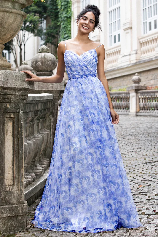 Wedding guest dresses with abstract prints and long trainsBlue Print A Line Spaghetti Straps Pleated Long Bridesmaid Dress with Lace Up Back Wedding guest dresses with abstract prints and long trainsBlue Print A Line Spaghetti Straps Pleated Long Bridesmaid Dress with Lace Up Back