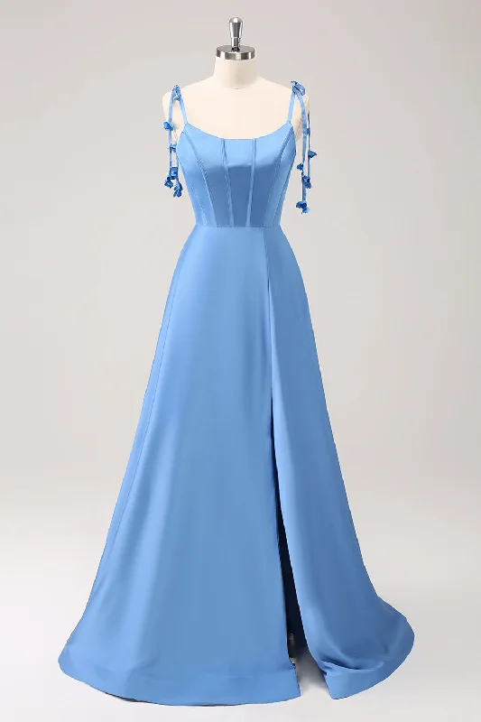 Blue A Line Spaghetti Straps Satin Floor Length Bridesmaid Dress with Slit