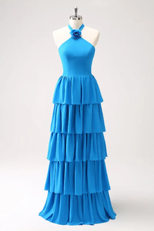 Blue Tiered Chiffon Bridesmaid Dress with Flower