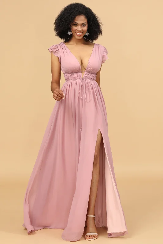Halter - neck wedding guest dresses with beaded strapsBlush A Line V-Neck Long Chiffon Bridesmaid Dress with Slit Halter - neck wedding guest dresses with beaded strapsBlush A Line V-Neck Long Chiffon Bridesmaid Dress with Slit