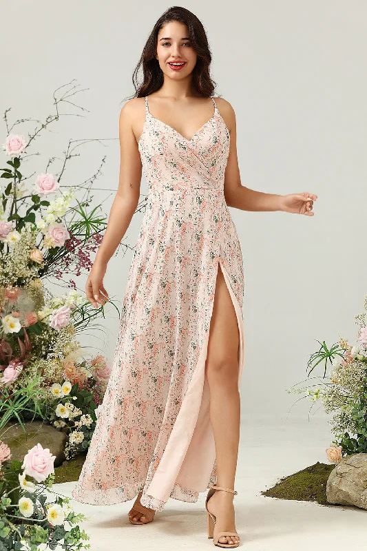 Wrap - style wedding guest dresses with bow accentsBlush Floral Chiffon Long Bridesmaid Dress with Slit Wrap - style wedding guest dresses with bow accentsBlush Floral Chiffon Long Bridesmaid Dress with Slit