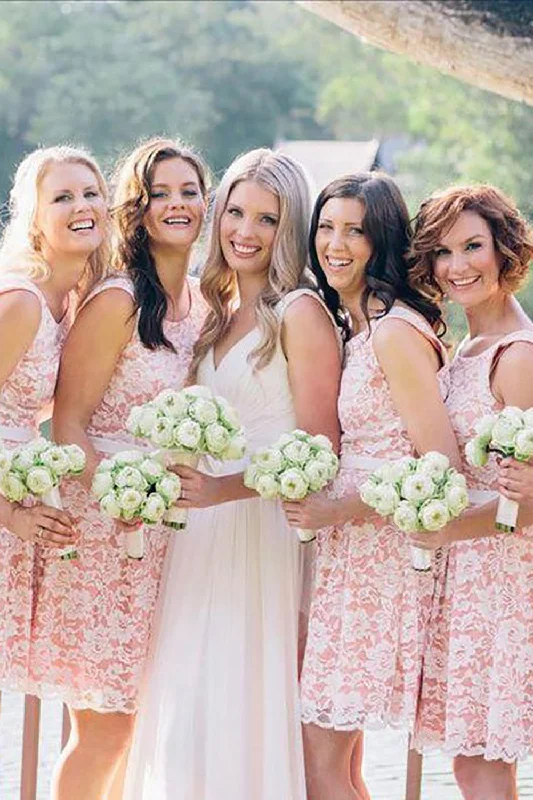 Wedding guest dresses with belted waists and knee - length skirtsBoat Neck Sleeveless Lace Light Pink Bridesmaid Dress Wedding guest dresses with belted waists and knee - length skirtsBoat Neck Sleeveless Lace Light Pink Bridesmaid Dress