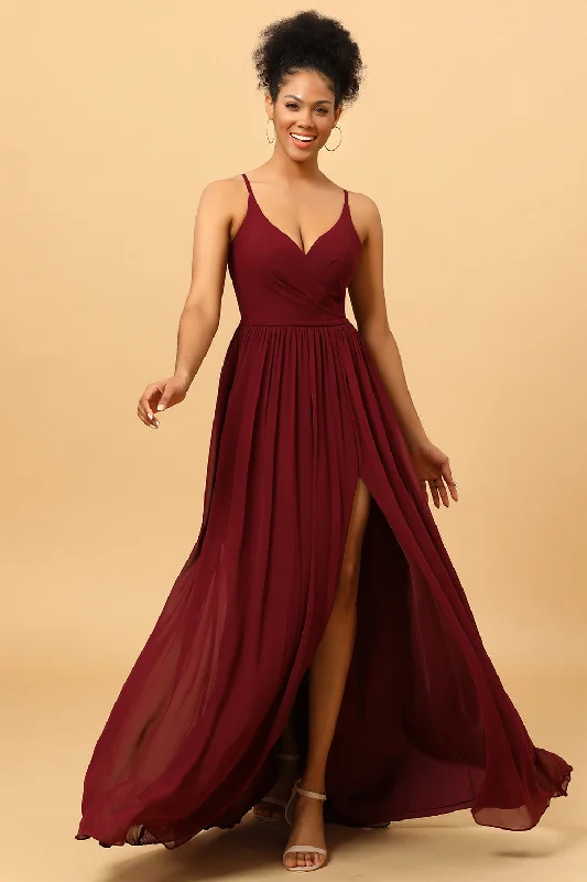 Wedding guest dresses with puff sleeves and knee - length hemsBurgundy A-Line Spaghetti Straps Ruched Long Chiffon Bridesmaid Dress with Slit Wedding guest dresses with puff sleeves and knee - length hemsBurgundy A-Line Spaghetti Straps Ruched Long Chiffon Bridesmaid Dress with Slit