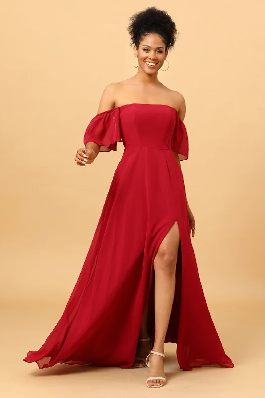 Wedding guest dresses with puff sleeves and knee - length hemsBurgundy Off the Shoulder Chiffon Bridesmaid Dress with Slit Wedding guest dresses with puff sleeves and knee - length hemsBurgundy Off the Shoulder Chiffon Bridesmaid Dress with Slit