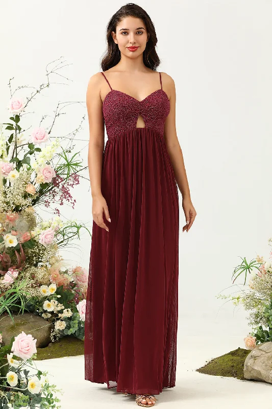 Ribbed - texture wedding guest dresses in neutral colorsBurgundy Spaghetti Straps Lace Bridesmaid Dress with Hollow-out Ribbed - texture wedding guest dresses in neutral colorsBurgundy Spaghetti Straps Lace Bridesmaid Dress with Hollow-out