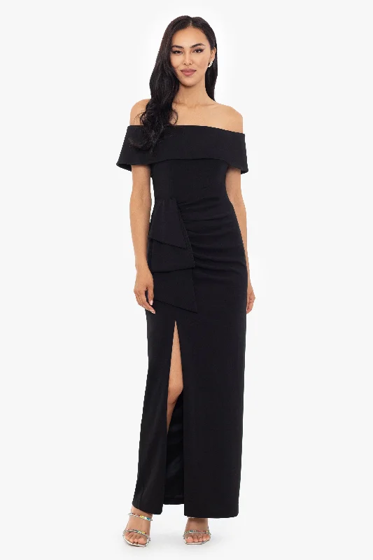 Cocktail dresses with a fringe detail and a sleeveless design"Camila" Long Off the Shoulder Scuba Crepe Dress Cocktail dresses with a fringe detail and a sleeveless design"Camila" Long Off the Shoulder Scuba Crepe Dress