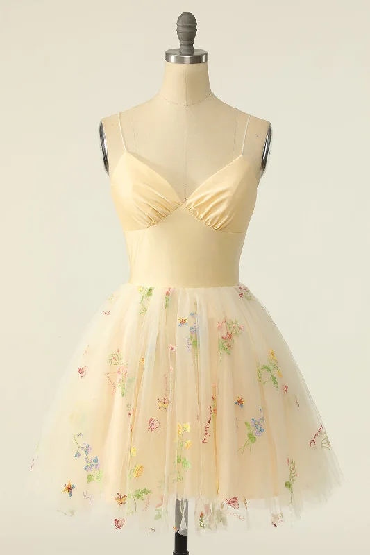 Geometric - printed cocktail dresses with a long - sleeve optionChampagne Tulle Spaghetti Straps A-line Homecoming Dress with Embroidery Geometric - printed cocktail dresses with a long - sleeve optionChampagne Tulle Spaghetti Straps A-line Homecoming Dress with Embroidery