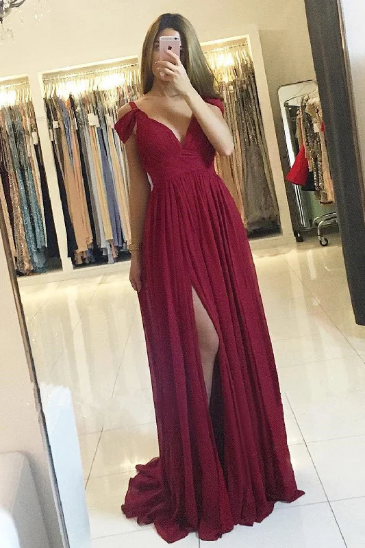 Off - the - shoulder wedding guest dresses in chiffonCold Shoulder Burgundy Long Bridesmaid Dress with Slit Off - the - shoulder wedding guest dresses in chiffonCold Shoulder Burgundy Long Bridesmaid Dress with Slit