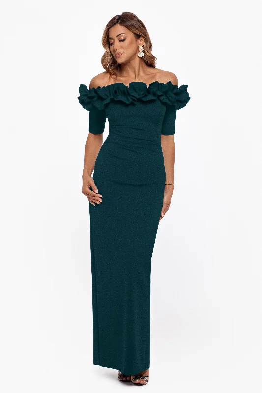 Cocktail dresses with a fringe detail and a sleeveless design"Isla" Long Crepe Off the Shoulder Ruffle Dress Cocktail dresses with a fringe detail and a sleeveless design"Isla" Long Crepe Off the Shoulder Ruffle Dress